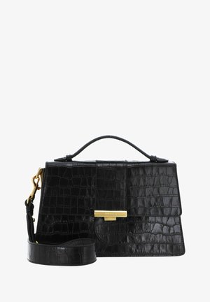 Sac à main en cuir noir avec texture crocodile, poignée supérieure, fermeture magnétique et une sangle amovible pour plus de polyvalence.
