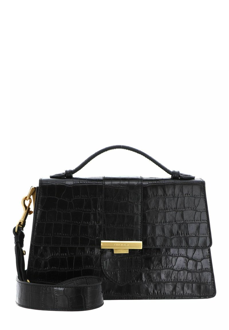 Sac à main en cuir noir avec texture crocodile, poignée supérieure, fermeture magnétique et une sangle amovible pour plus de polyvalence.