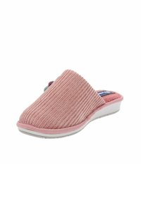 Pantofole slip-on in corda rosa con tacco basso, superficie texturizzata e soletta a contrasto con etichetta blu. Design morbido e confortevole.