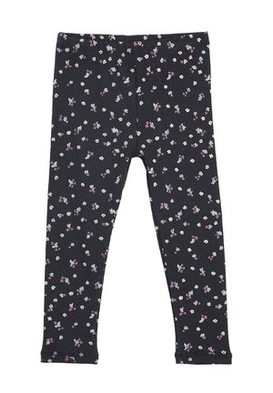 Schwarze Rippleggings mit kleinen rosa, blauen und weißen Blumenmustern, elastischem Bund und knöchellanger Passform.