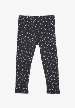 Zwarte geribde leggings met een klein bloemenpatroon in roze, blauw en wit, elastische tailleband en een enkel-lange pasvorm.