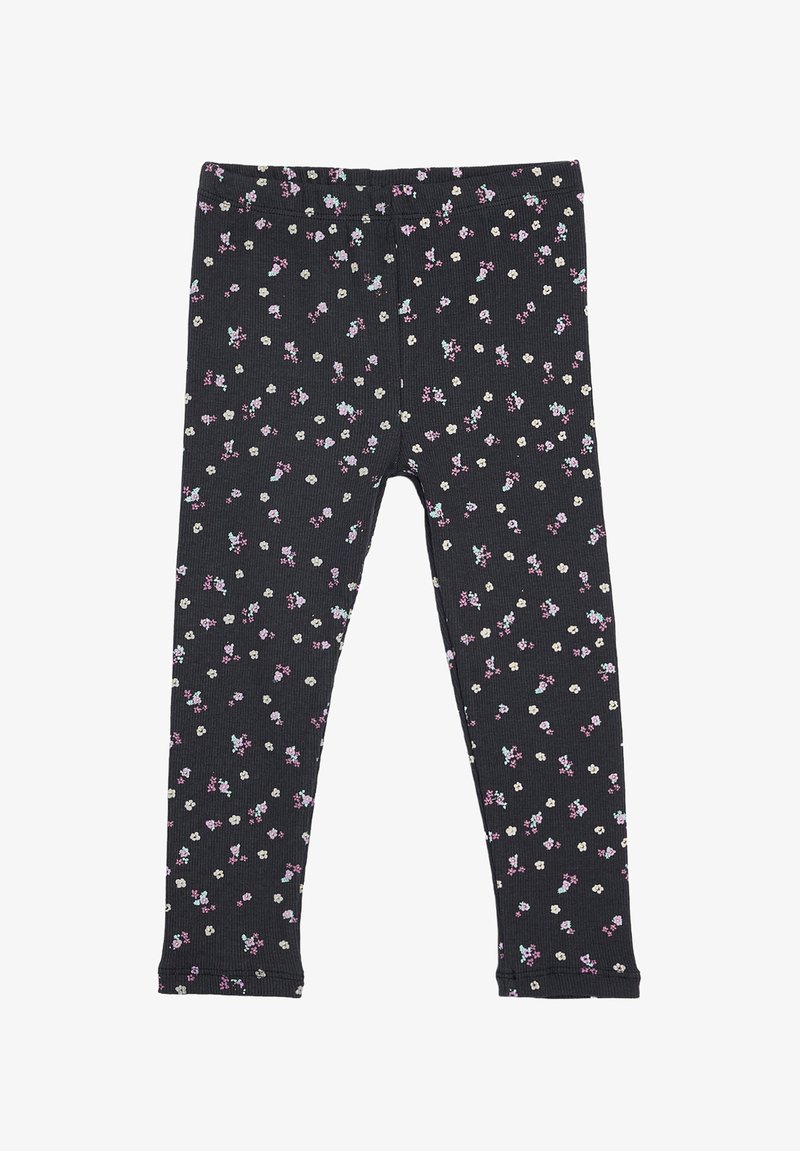 Leggings noirs à côtes avec un petit imprimé floral rose, bleu et blanc, taille élastique et coupe cheville.