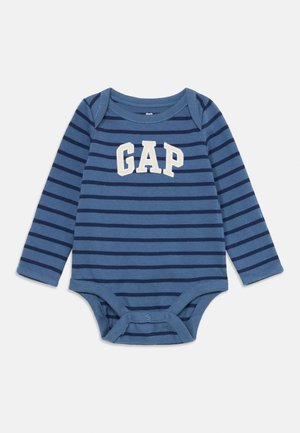 Blue and navy striped long-sleeve baby bodysuit with snap closures and white "GAP" logo across the chest.