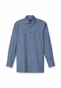 Langarm-Hemd aus blauer Baumwolle mit weißen kreisförmigen Mustern. Verfügt über einen klassischen Kragen und sechs Frontknöpfe.