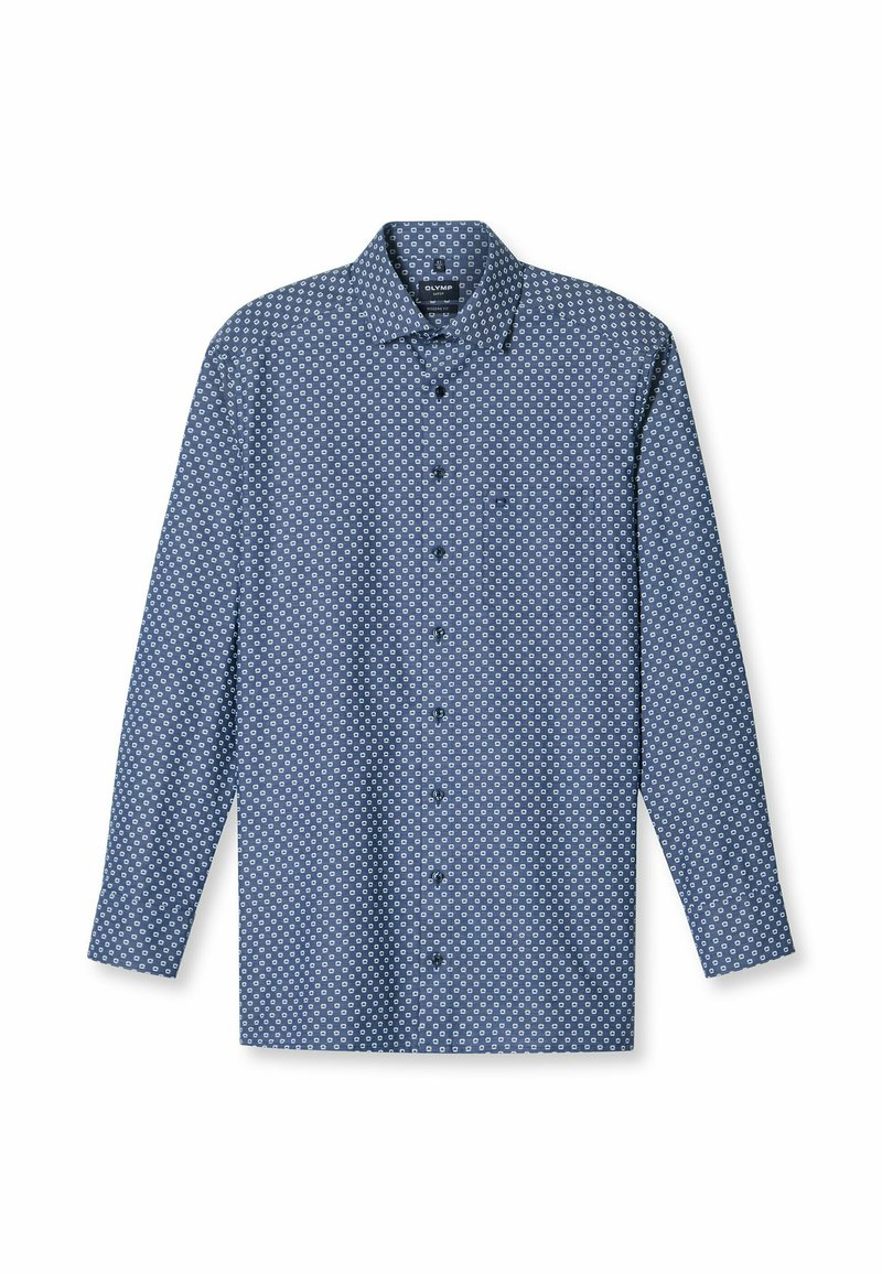 Langarm-Hemd aus blauer Baumwolle mit weißen kreisförmigen Mustern. Verfügt über einen klassischen Kragen und sechs Frontknöpfe.