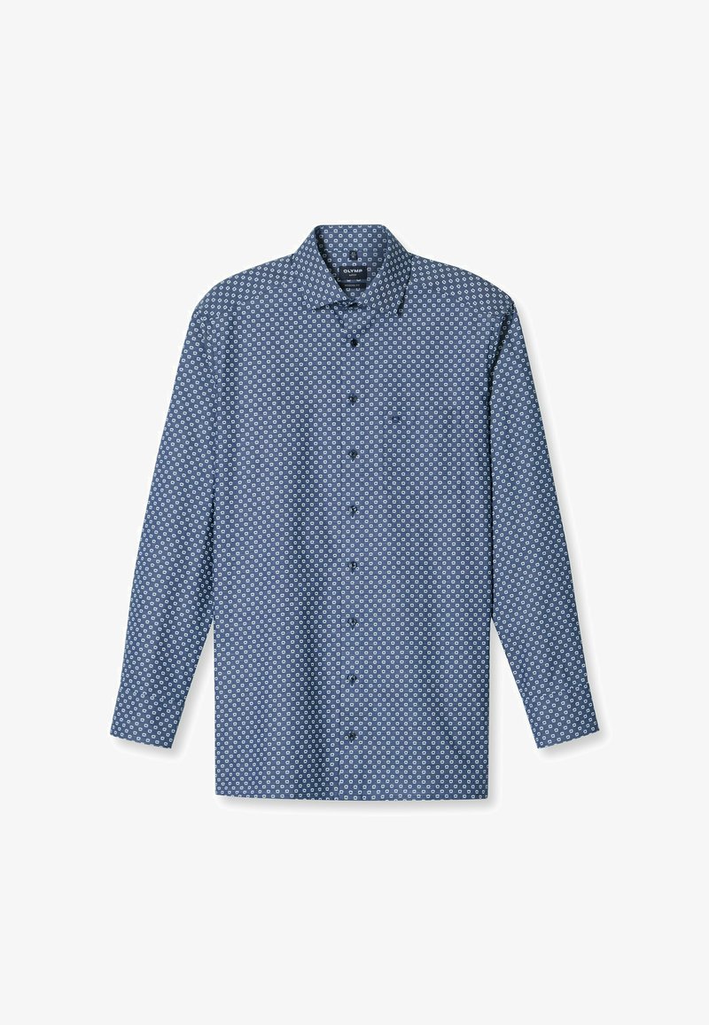 Langarm-Hemd aus blauer Baumwolle mit weißen kreisförmigen Mustern. Verfügt über einen klassischen Kragen und sechs Frontknöpfe.