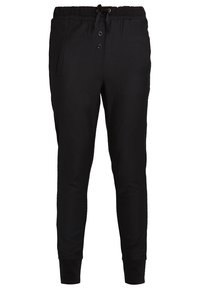 Pantalon de jogging noir fuselé avec taille élastique, cordon, deux boutons et poches latérales.