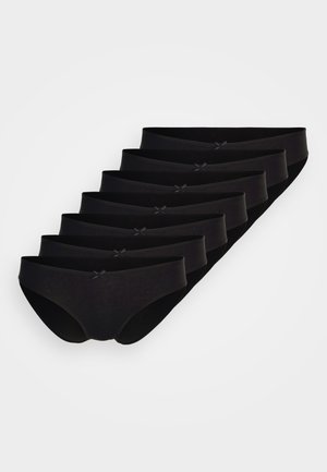 Black cotton panties in a pack of eight. Flat elastic waistband with a small bow detail at the front. Smooth texture and no visible patterns.