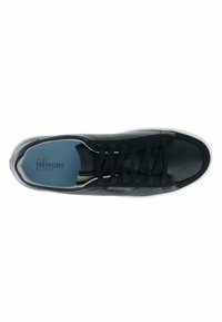 Black athletic shoe with a textured upper, perforated design, and black laces. Features an air memory foam insole and white rubber sole.