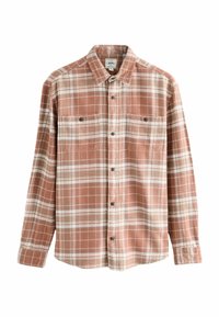 Brown and cream plaid flannel shirt with button-up front, two chest pockets, long sleeves, and a classic collar design.