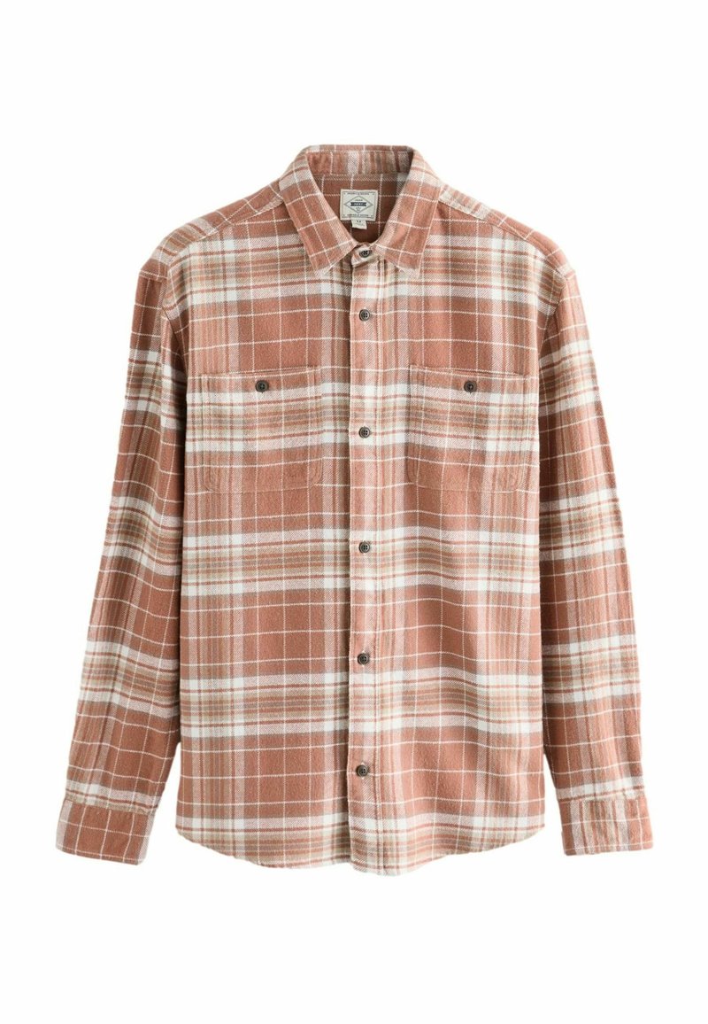 Brown and cream plaid flannel shirt with button-up front, two chest pockets, long sleeves, and a classic collar design.