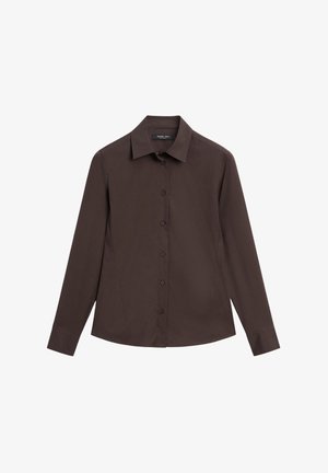 Brown long-sleeve shirt with a classic collar, button-down front, and smooth texture. Features tailored fit with no visible patterns or accents.
