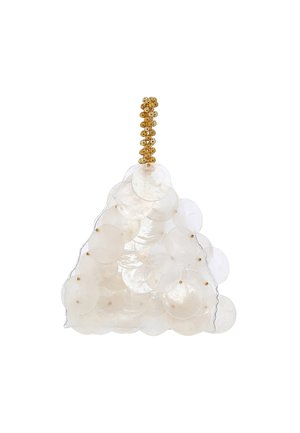 Transparente pyramidenförmige Tasche aus durchsichtigen runden Scheiben, verziert mit goldenen Perlen als Griff. Verfügt über eine schimmernde, glatte Textur.