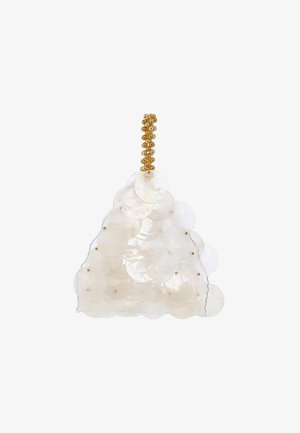 Borsa a forma di piramide trasparente realizzata con dischi circolari semi-trasparenti, decorata con perline dorate come manico. Presenta una texture scintillante e liscia.