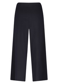 Svarta vida byxor med ett mjukt, stretchigt tyg och elastisk midja. Designen har rena linjer och ett flytande fall.