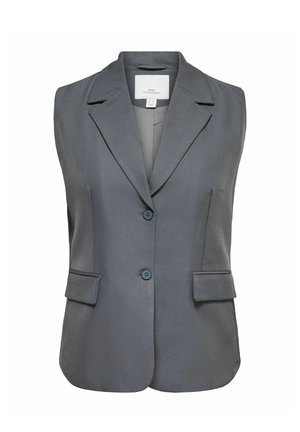 Grijze mouwloze blazer met reverskraag, twee knopen aan de voorkant en klepzakken, getailleerde pasvorm.