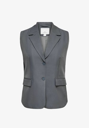 Grijze mouwloze blazer met reverskraag, twee knopen aan de voorkant en klepzakken, getailleerde pasvorm.