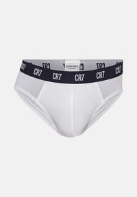 Hvide herreunderbukser med et mørkeblåt elastisk taljebånd med "CR7" branding og et mærke, lavet af blødt bomuldsmateriale.