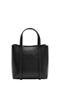 Czarna skórzana torba typu tote z dwoma pionowymi uchwytami, prostokątnego kształtu, gładka faktura i minimalistyczny design. Brak widocznych elementów metalowych ani wzorów.