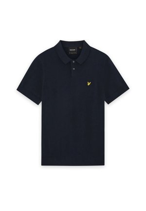 Marineblauw polohemd met korte mouwen, twee knopen en een klein geel vogel-logo op de linkerborst.