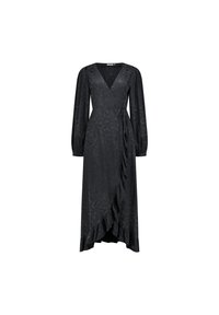 Schwarzes Wickelkleid aus glänzendem Stoff, mit langen Ärmeln, V-Ausschnitt, seitlichen Rüschen und fließender Silhouette. Elegantes, minimalistisches Design.