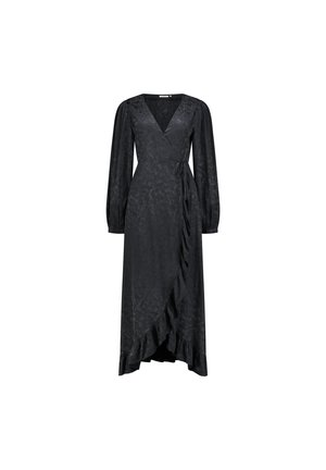 Fekete, selymes anyagú, hosszú ujjú wrap ruha, V-kivágással, oldalsó fodrokkal és légies szilüettel. Elegáns, minimalista dizájn.