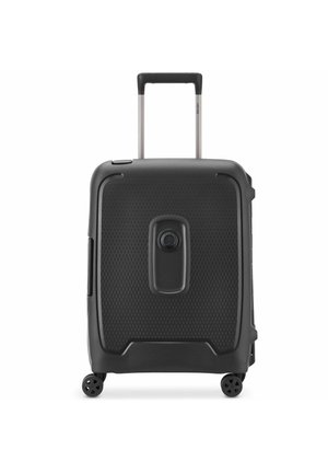 Black hard-shell suitcase with a textured surface, a retractable handle, and four wheels for mobility. Features a central locking mechanism.