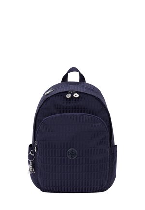 Dark blue backpack made of textured nylon with a rounded shape. Features two zippered compartments, a round logo, and a decorative charm.