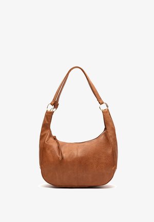 Braune Schultertasche aus strukturiertem Leder mit einem verstellbaren einzelnen Riemen und einem Reißverschluss oben.