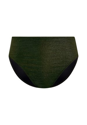 Bas de bikini vert olive avec une finition texturée et une doublure noire. Coupe taille haute avec des bords sans couture pour le confort et le maintien.