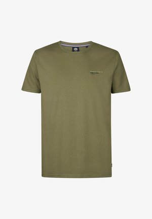 Olivenfarbene Baumwoll-T-Shirt mit kurzen Ärmeln, Rundhalsausschnitt und kleinem Druck auf der linken Brustseite. Glatte Textur und lässige Passform.