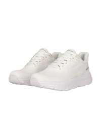 White athletic shoes with a breathable mesh upper, cushioned sole, and lace closure for a secure fit. Lightweight design with subtle branding.