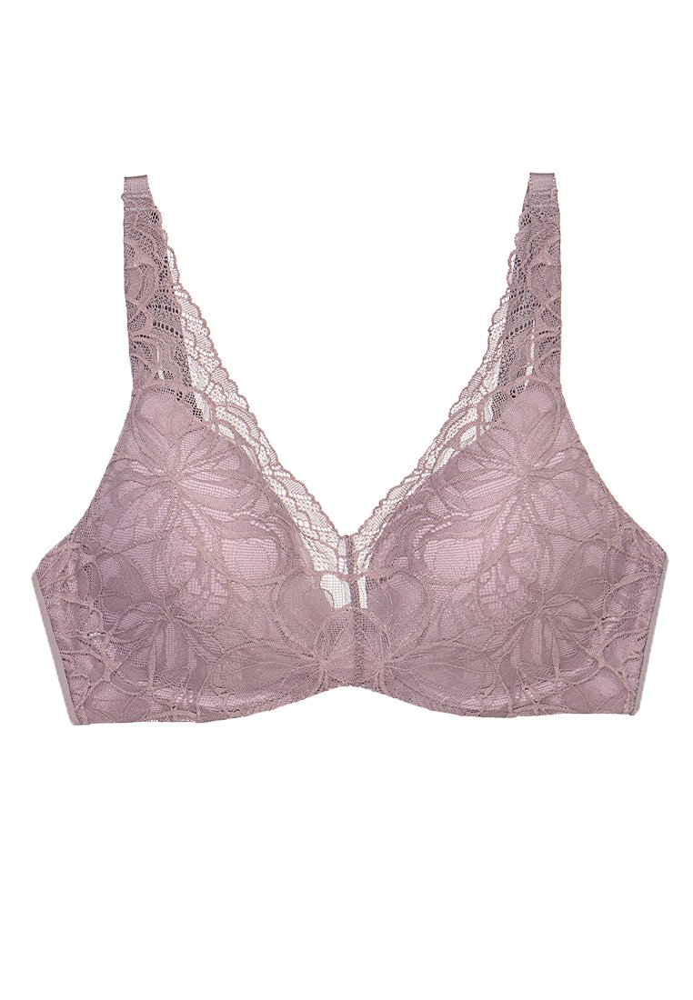 Spets-bh i mjuk mauve, med blommönster, justerbara band och en V-formad halsringning. Texturerad spetsöverdrag förbättrar designen.