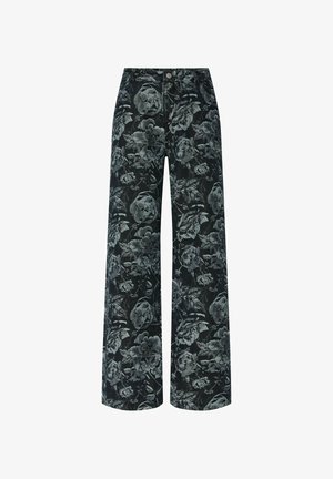Pantaloni a gamba larga floreali in tessuto scuro con un dettagliato motivo floreale in nero e grigio. Presentano una vita aderente e chiusura con bottone.
