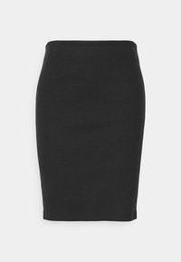 Jupe crayon en tricot côtelé noir avec une taille ajustée et un ourlet droit, longueur au genou, présentée sur un fond blanc.
