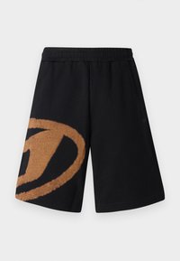 Black shorts with an elastic waistband, featuring a large brown circular logo on the left leg. Made from soft, breathable fabric.