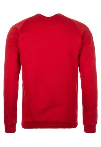 Sudadera roja de manga larga con escote redondo, textura suave y puños y dobladillo acanalados. Presenta mangas raglán y sin marca visible.