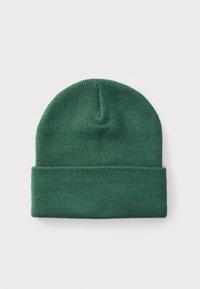 Berretto lavorato a maglia verde con risvolto. Texture morbida, design senza cuciture e cima arrotondata. Adatto per essere indossato in climi freddi.