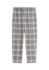 Grijze geruite loungebroek met een elastische tailleband en strikkoord. Het materiaal lijkt zacht en heeft witte en donkerdere grijze lijnen in een geruit patroon.