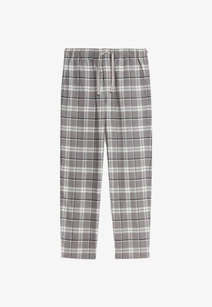 Pantaloni da lounge in plaid grigio con vita elastica e stringa. Il materiale sembra morbido, con linee bianche e grigie scure in un motivo a quadri.