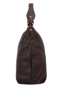Sac à main en cuir marron foncé avec une bandoulière unique fixée par des anneaux métalliques et des rivets, présenté en vue latérale sur fond blanc.