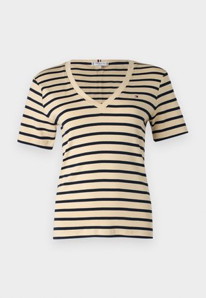 Striped V-neck T-shirt in beige and navy, short sleeves, made of soft cotton, featuring a small logo on the left chest area.