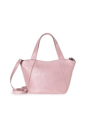 Borsa a tracolla di pelle rosa con un design strutturato e arrotondato. Presenta doppi manici, una tracolla rimovibile e una chiusura a zip superiore.