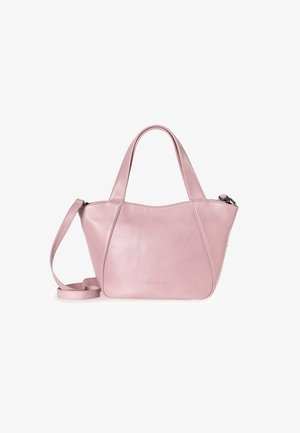 Borsa a tracolla di pelle rosa con un design strutturato e arrotondato. Presenta doppi manici, una tracolla rimovibile e una chiusura a zip superiore.