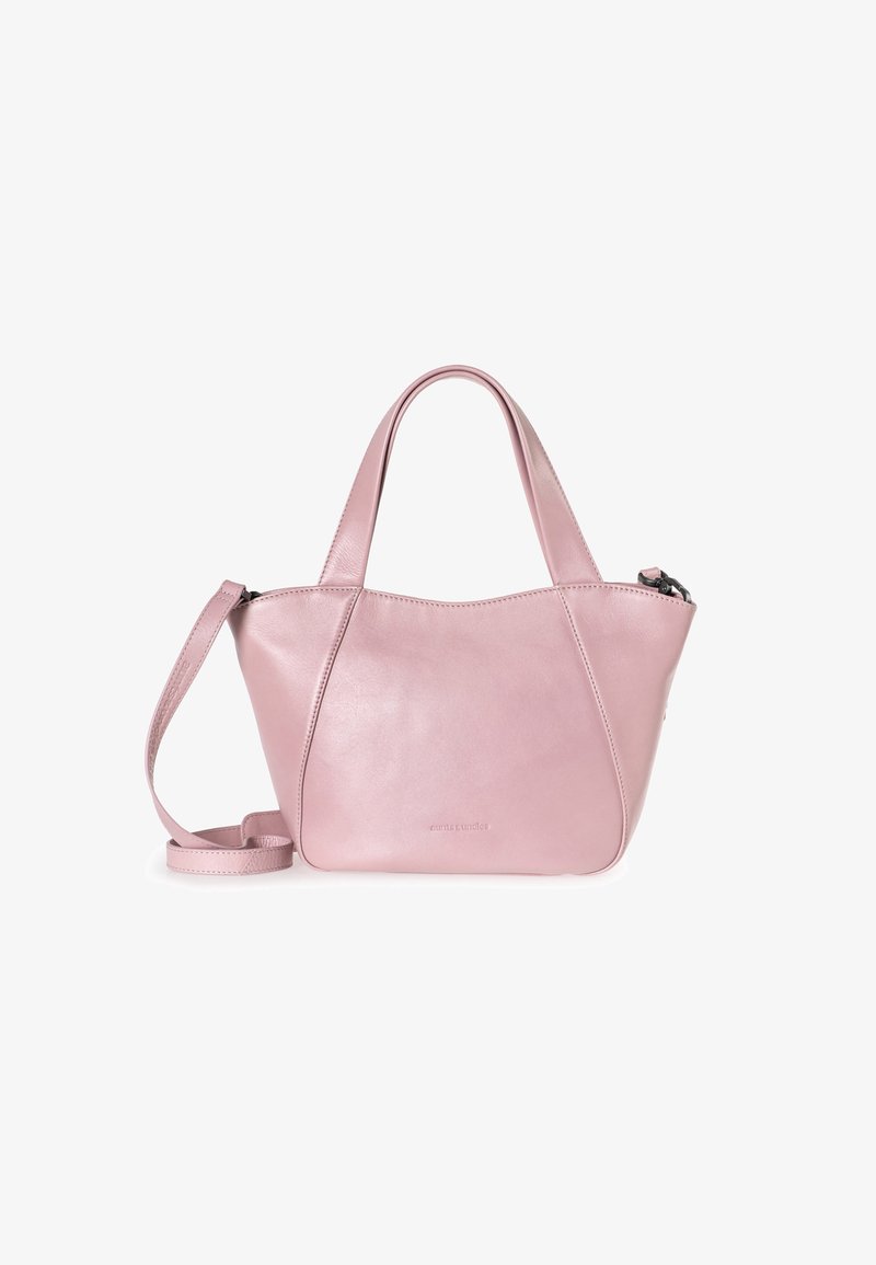 Roze leren handtas met een gestructureerd, rond ontwerp. Heeft dubbele handvatten, een afneembare schouderriem en een sluiting met rits aan de bovenkant.