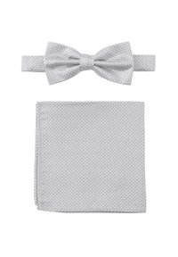 Grau gemusterte Fliege und passendes Taschentuch-Set mit einem gewebten Muster und subtilen Details, flachen Kanten und einer glatten Oberfläche.