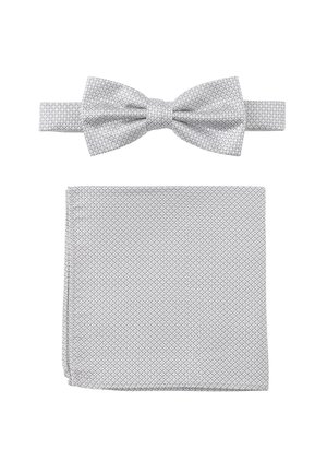 Gray textured bow tie and matching pocket square set, featuring a woven pattern with subtle detailing, flat edges, and a smooth finish.