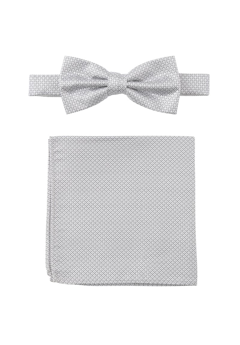 Grau gemusterte Fliege und passendes Taschentuch-Set mit einem gewebten Muster und subtilen Details, flachen Kanten und einer glatten Oberfläche.