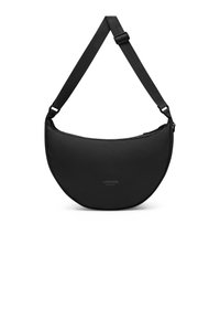 Czarna półokrągła torba na ramię z regulowanym paskiem i małym logo "Larkson Hamburg" umieszczonym na środku z przodu.