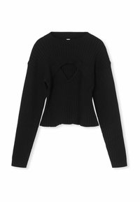 Schwarzer gerippter Pullover mit langen Ärmeln und einem einzigartigen V-förmigen Ausschnitt in der Mitte. Weicher Stoff und cropped Design.